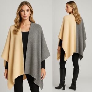 Joseph Wool Cape Poncho Wrap One Size Cream Gray Ribbed Knit Open Front